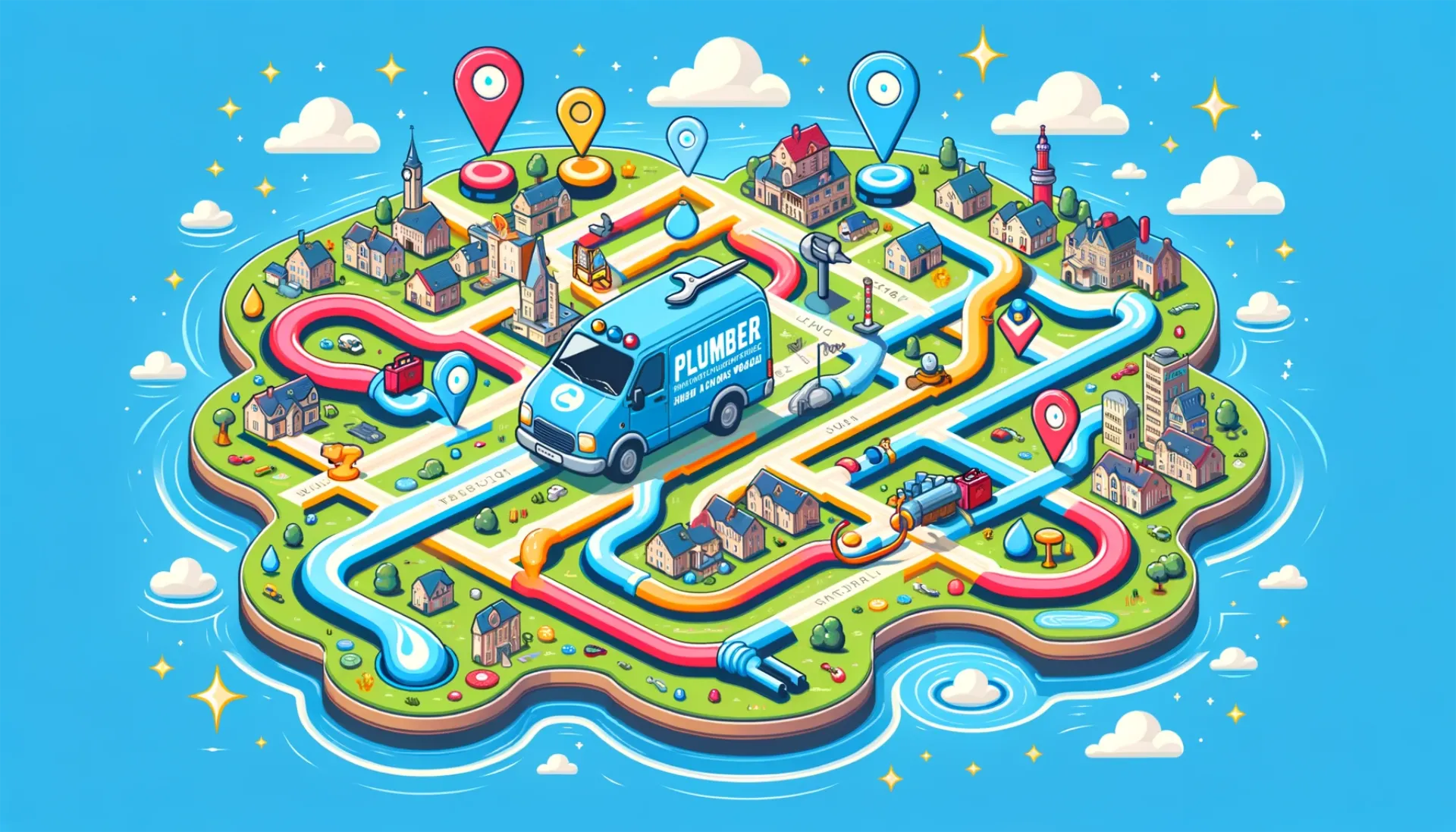 Service Areas HM Plumbing: The illustration showcases a vibrant, cartoon-style map highlighting a plumber's local service areas. This playful and engaging map effectively conveys the extensive reach of the plumber's services, making it an ideal visual representation for their local coverage.